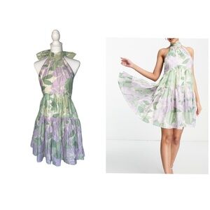 ASOS DESIGN halter tiered voile mini dress with tie back detail in mixed print